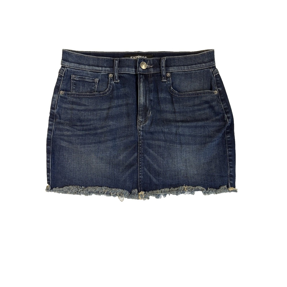 Express Women's 6‎ Sexy Dark Wash Cut Off Denim Mini Skirt Y2K 90's Streetwear